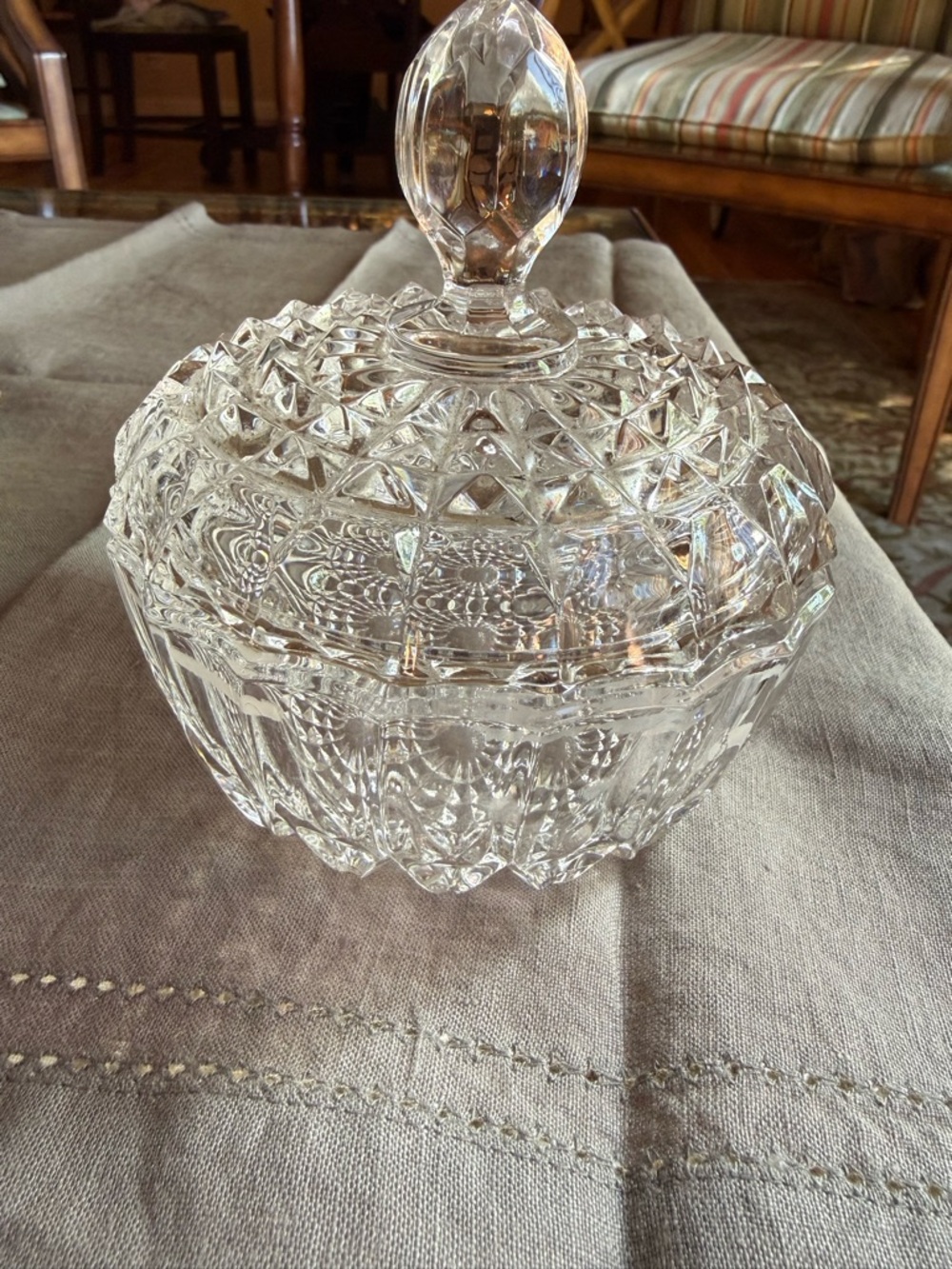 Vintage Cut Glass Covered Candy Dish - Clear Pressed Glass - Picture 3 of 7